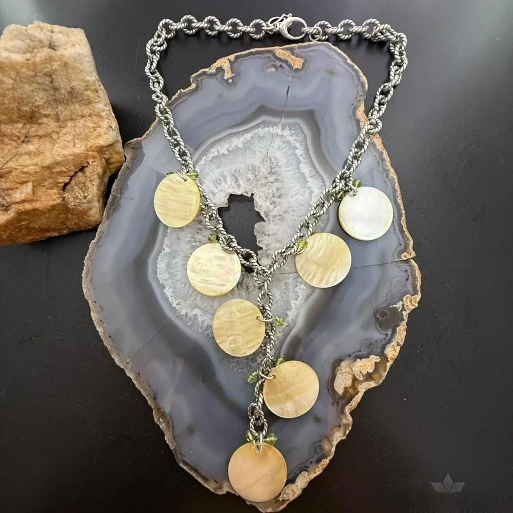 Carolyn Pollack Sterling Silver MOP Disc,Peridot Twisted Link Chain 20